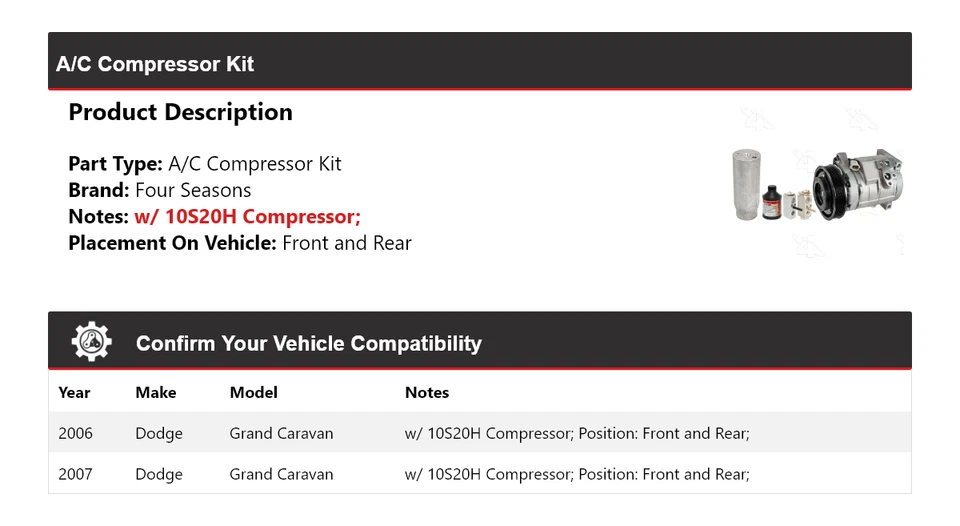 Kit de compresor de aire acondicionado delantero y trasero 4 estaciones para Dodge Grand Caravan 2006-2007 Foto 2 de 4