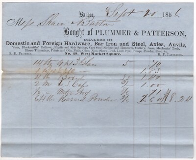 1856 PLUMMER PATTERSON BANGOR ME BILLHEAD ANVILS VISES SLEDGES STEEL POWDER SHOT