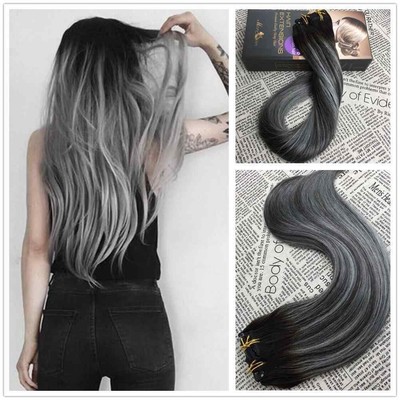 Grey Balayage Clip In Human Hair Extension Brazilian Remy Hair Extension 7p 100g Ebay