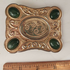 Gold Tone Engraved Belt Buckle with 4 Green Possible Jade Stones