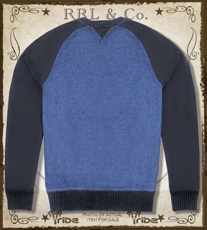 RRL Ralph Lauren Hombre Azul Negro Índigo Doble-V Terry Francés Raglán Sudadera Foto 3 de 3