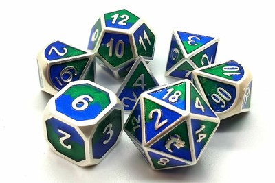 Old School 7 Piece DnD RPG Metal Dice Set: Dragon Forged - Platinum Blue & Green