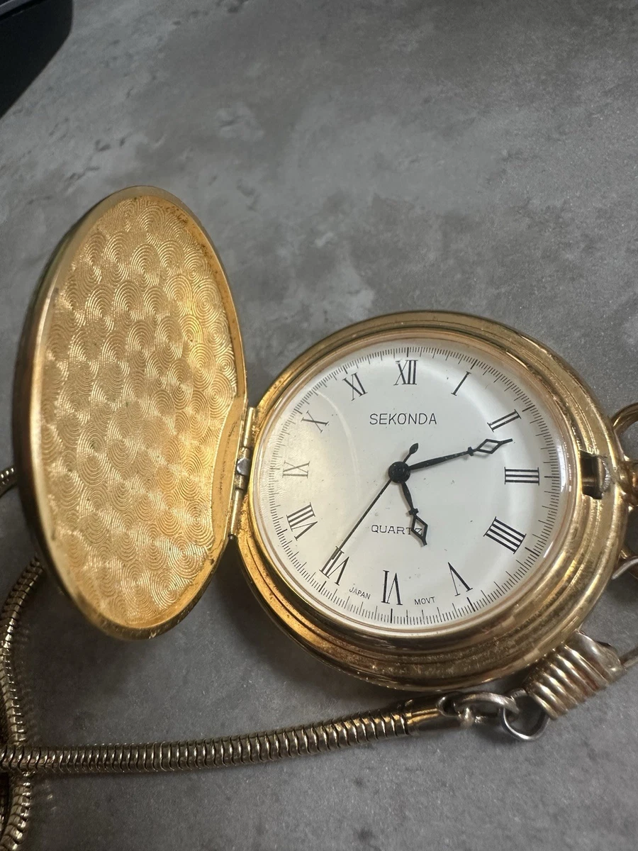 Reloj Bolsillo Sekonda Cuarzo Completo Cazador Chapado en Oro Blanco Esfera Romana Cadena
