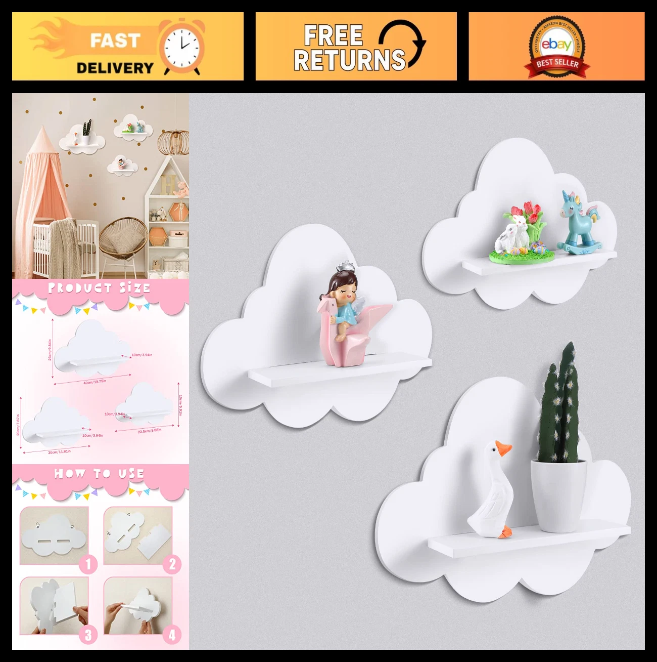 3 Pcs White Floating Cloud Shelves - Wavy Small Wall Decor for Bathroom, Living