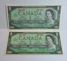 Lot Of 2 1867-1967 Canada 1 One Dollar Uncirculated Banknote Beattie Rasminsky