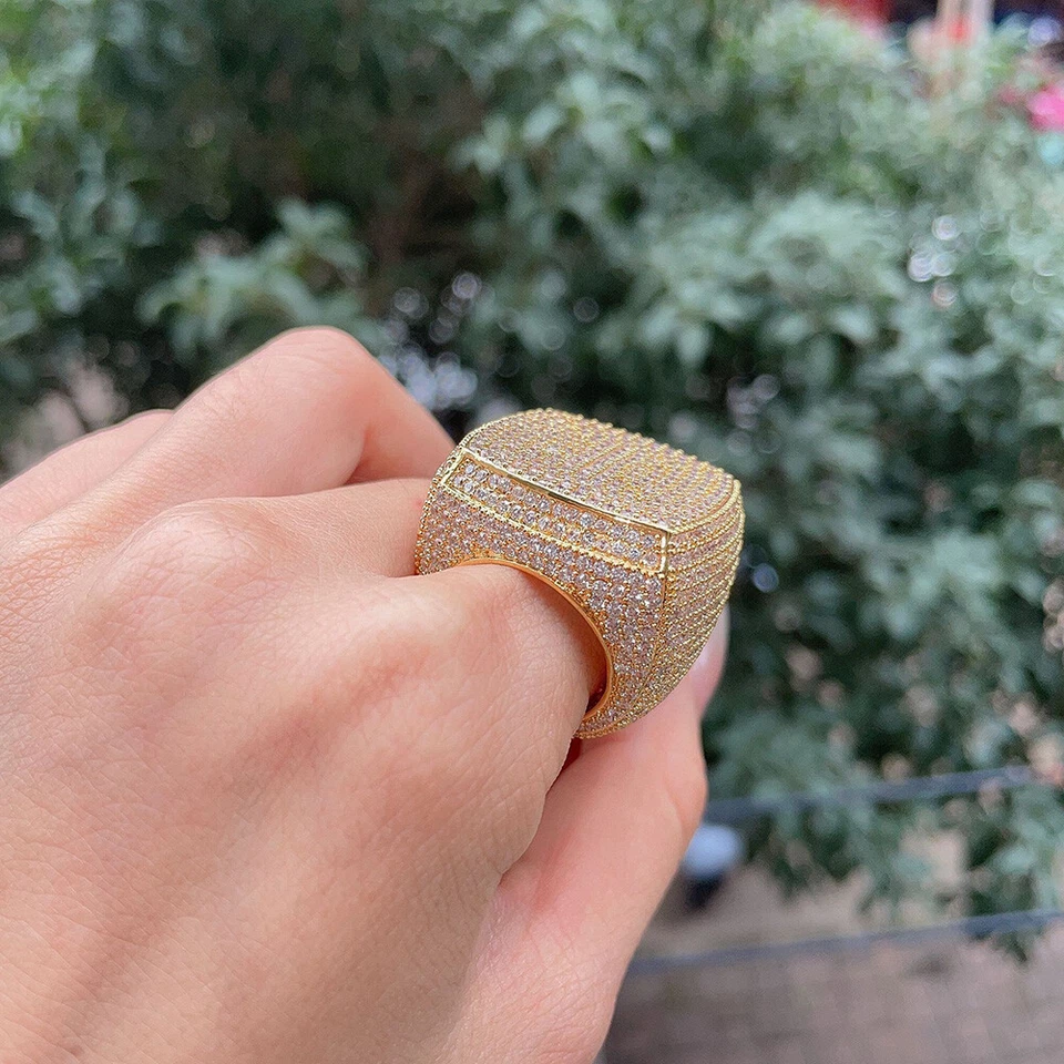 Hip Hop Full 5A Zircon Square Ring Copper 18K Real Gold Plated Thumb Finger Ring - Image 4 of 4