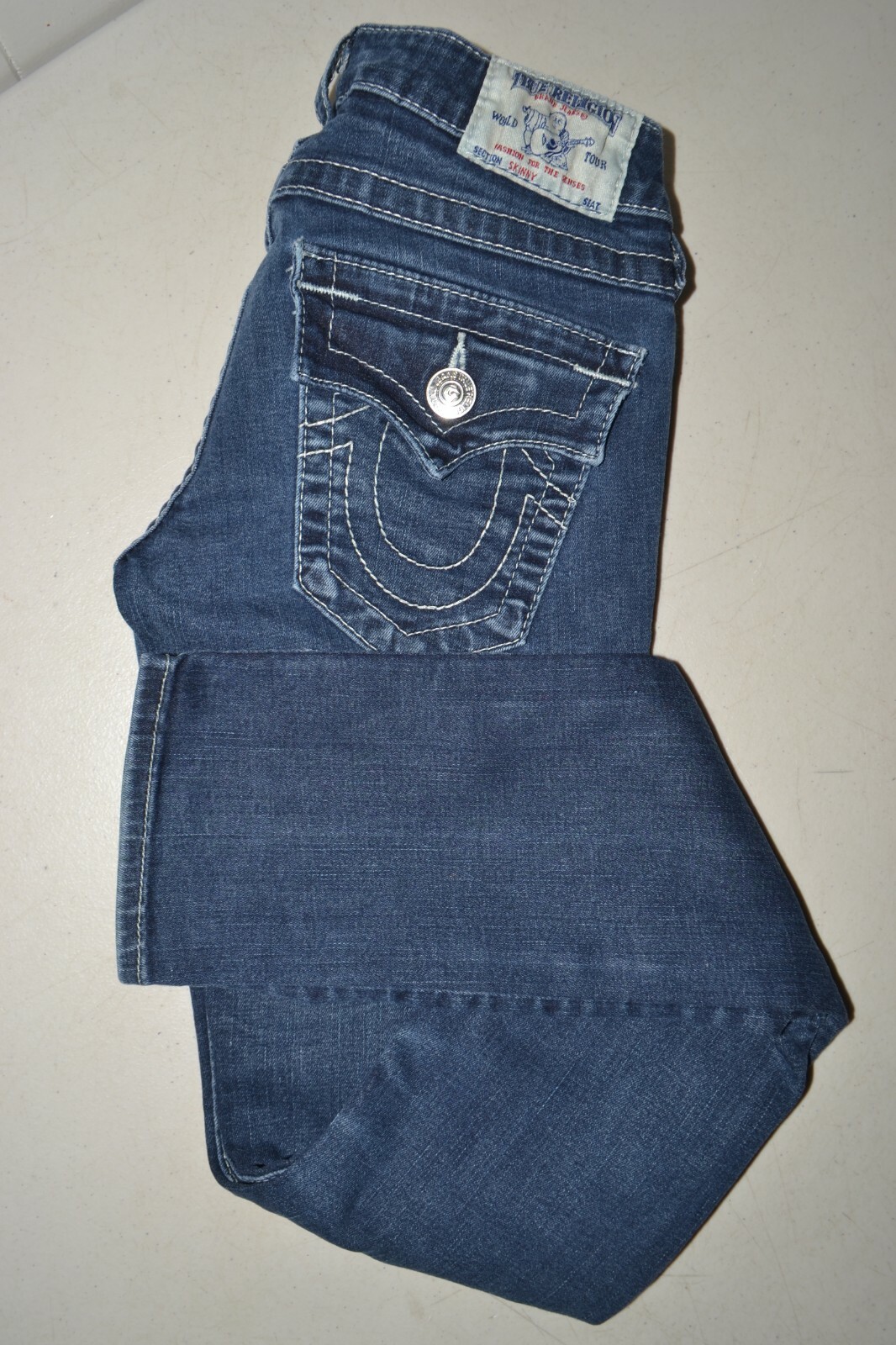 True Religion Women's Skinny Pocket Flaps Blue Denim Jeans Sz 24x30