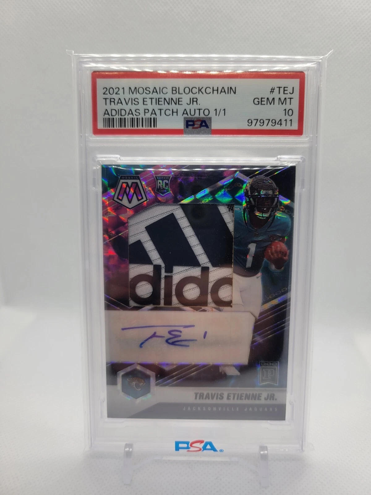 Travis Etienne Panini Mosaic Blockchain #TEJ Adidas Patch Autograph 1/1