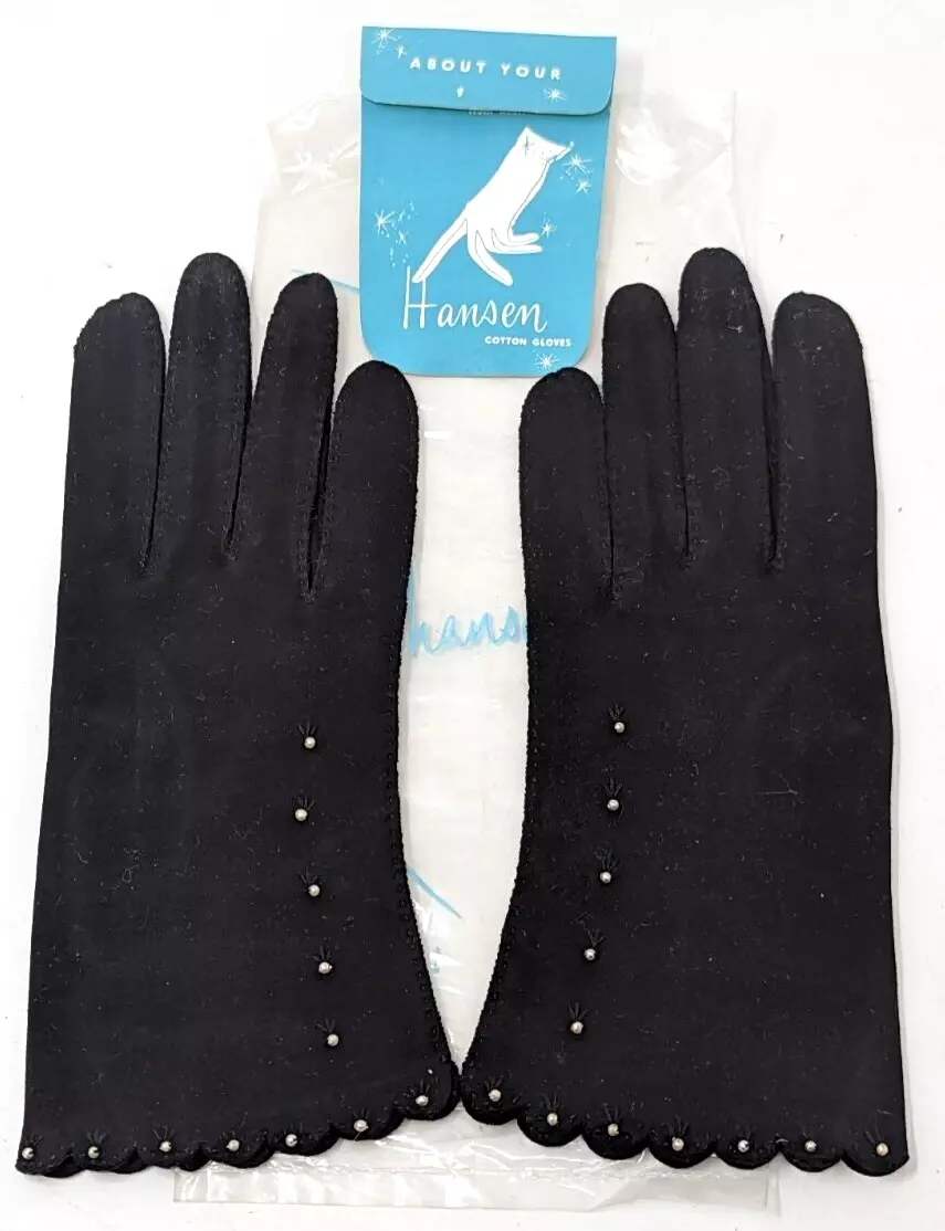 VTG Hansen Suede Supreme Washable 6 1/2 Black Beaded Evening Womens Gloves AA23