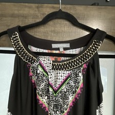 NY COLLECTION Woven Faux Leather Chain Neckline Maxi V Hem Dress Sz M