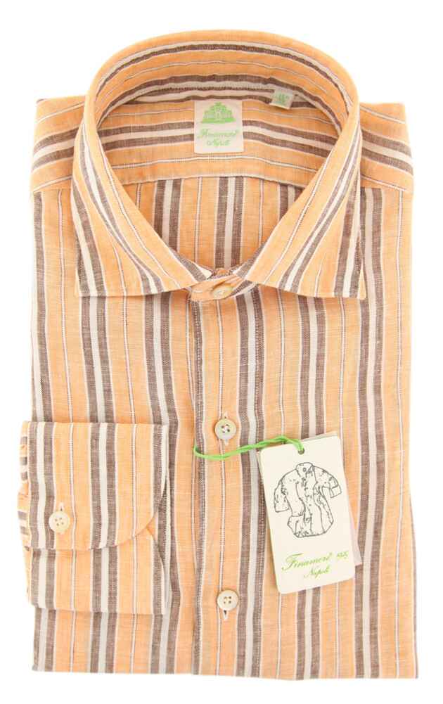 Finamore Napoli Orange Striped Linen Shirt - Extra Slim - 15.5/39