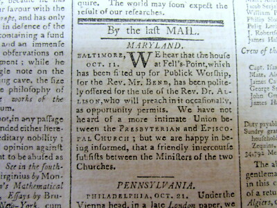 1791 newspaper FELLS POINT Maryland EPISCOPAL & PRESBYTERIAN CHURCHES founded