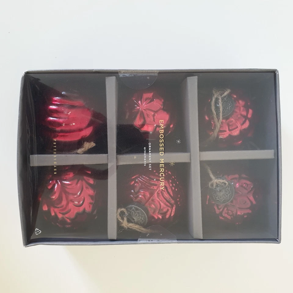 Juego de 6 bolas de vidrio de mercurio Pottery Barn adornos navideños rojos colgantes Foto 2 de 4