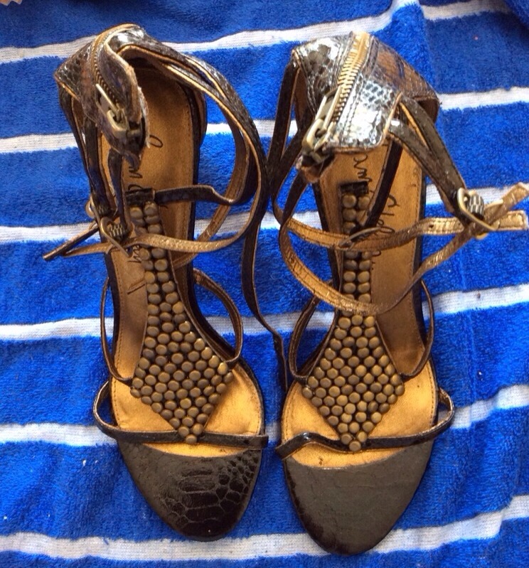 Sam Edeleman Snake Print Black Gladiator Heels Pewter T-Strap Sandal Womens 