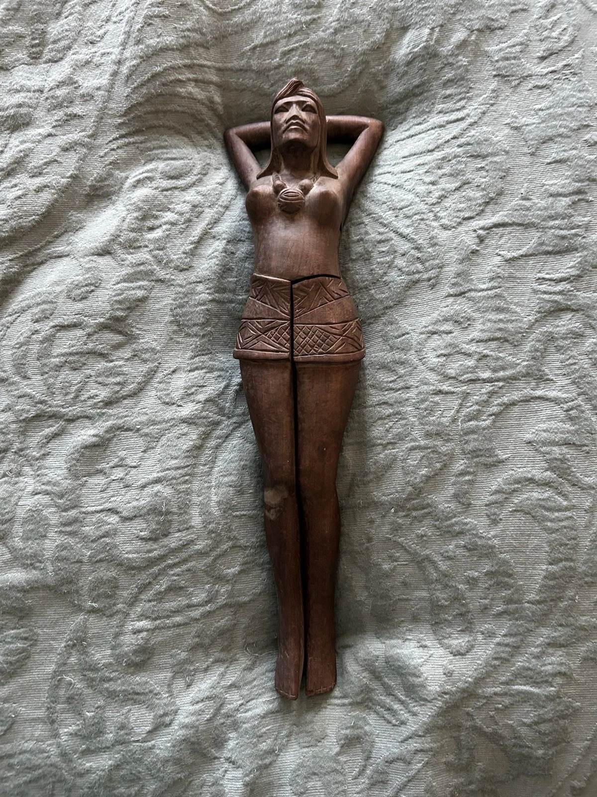 Vintage Hand Carved Wooden Tiki Style Lady Nutcracker 14” Folk Art