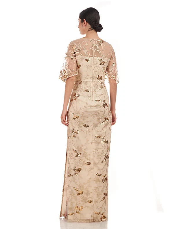 JS Collections Gold Taupe Daphne Embroidered Sequin Column Gown Size 6 $298 - Image 2 of 3