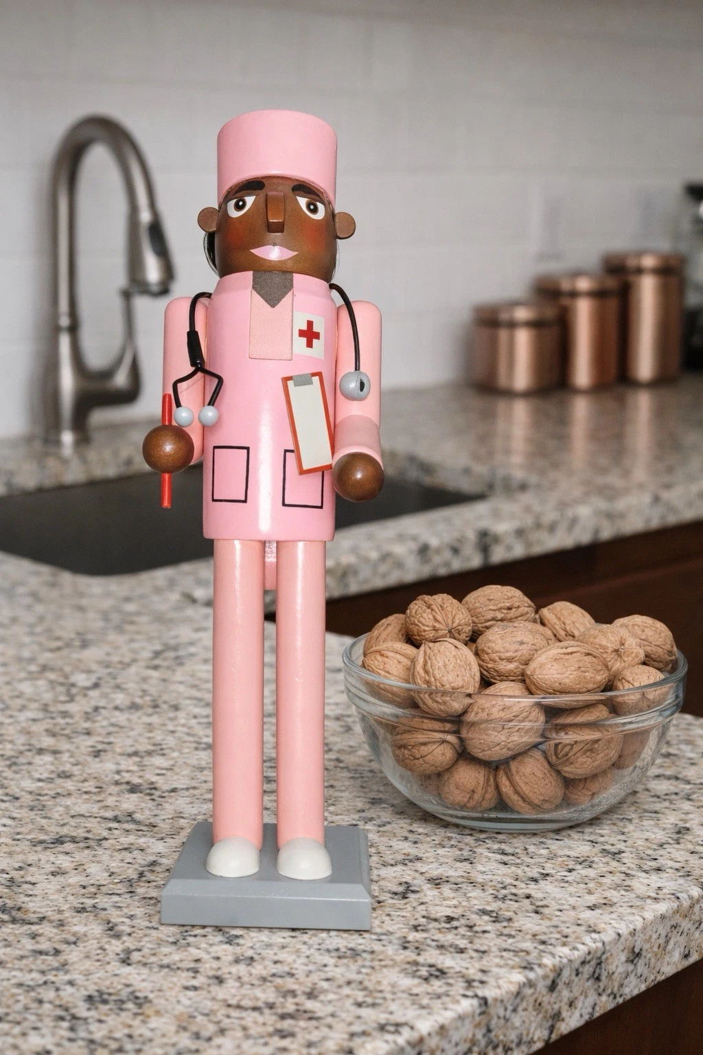 Wooden African American Nurse Nutcracker Pink Medical Nurse Figurine