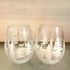 Set of 2 Stemless Wine Glasses Hand Painted White Christmas Trees Snow New