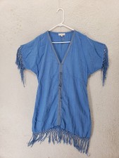 Emma Caine Women Dress Medium Blue Cotton Blend Short Sleeve Fringe Casual Mini