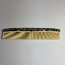 Vtg Silver Plated Vanity Comb Hard Plastic Teeth Ornate Design