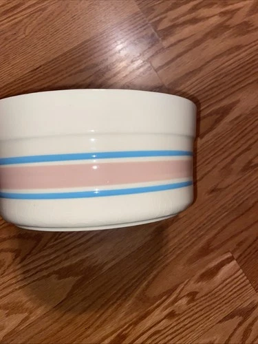 VTG 1970s McCoy USA 0144 Pottery LCC Pink & Blue Stripe Oven-Safe Soufflé Bowl