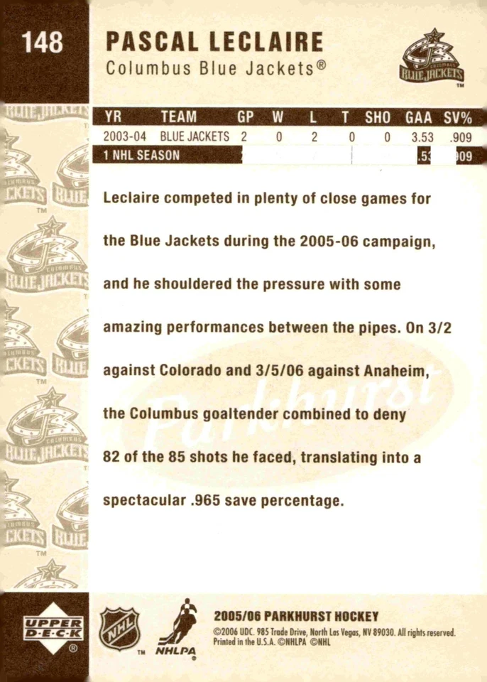 Pascal LeClaire - Signed 2005-06 Upper Deck Parkhurst Card #148 - Image 2 of 2