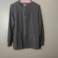 Scrub Star Size XS Dark Grey Snap-Front Knit Cuff Scrub Jacket Pink Accents