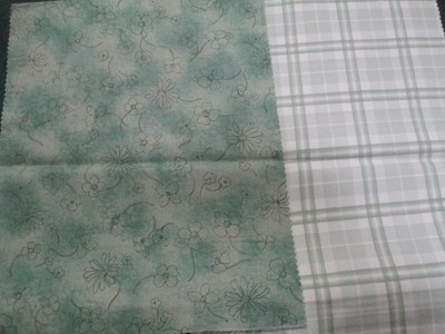 Fabric Red Rooster ''Cameo'' 2 Pcs Spring Green Flowers & Celadon Plaid $2.45