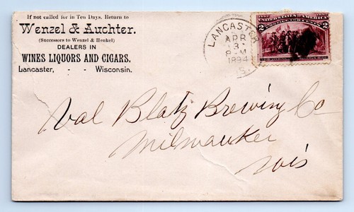 RARE 1894 Blatz Brewing Wenzel Auchter Postal Cover Envelope Ad Lancaster WI - Picture 2 of 4