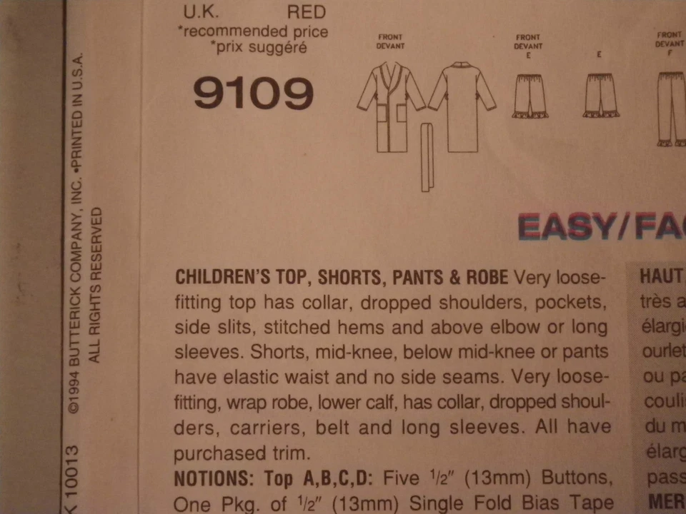 V-9109 Boy Girl Top Shorts Pants Pajamas Robe Sewing Pattern Vogue Size 5-6-6X - Image 3 of 4
