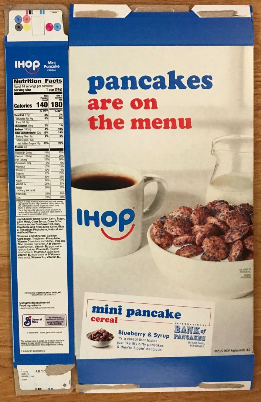 IHOP Mini Pancake Blueberry & Syrup Family Size Cereal Box FLAT EMPTY