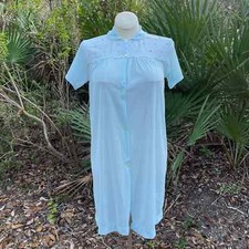 Vintage 80s Blue House Coat Short Sleeve Rose Embroidery Collar Buttons Size S M