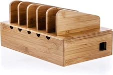 Bamboo Charging Station Organizer - Multi-Device Docking Station with Removable 