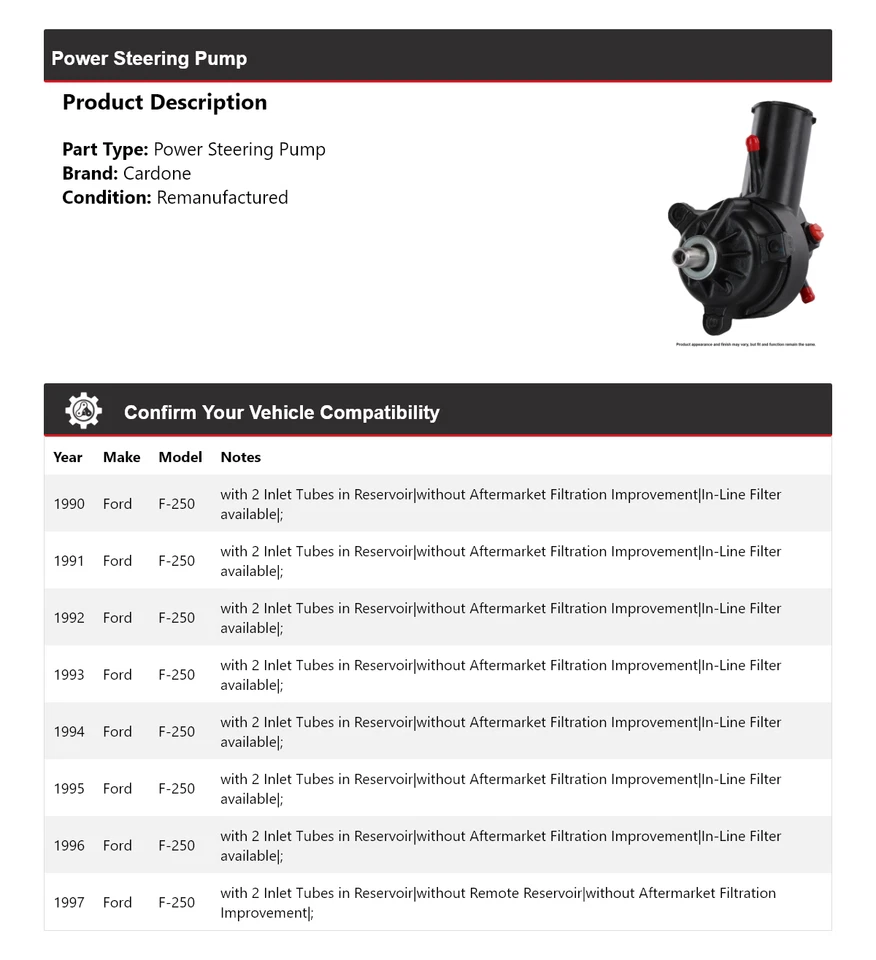 Bomba de dirección asistida Cardone para Ford F-250 1990-1997 1991 1992 1993 1994 1995 Foto 2 de 4