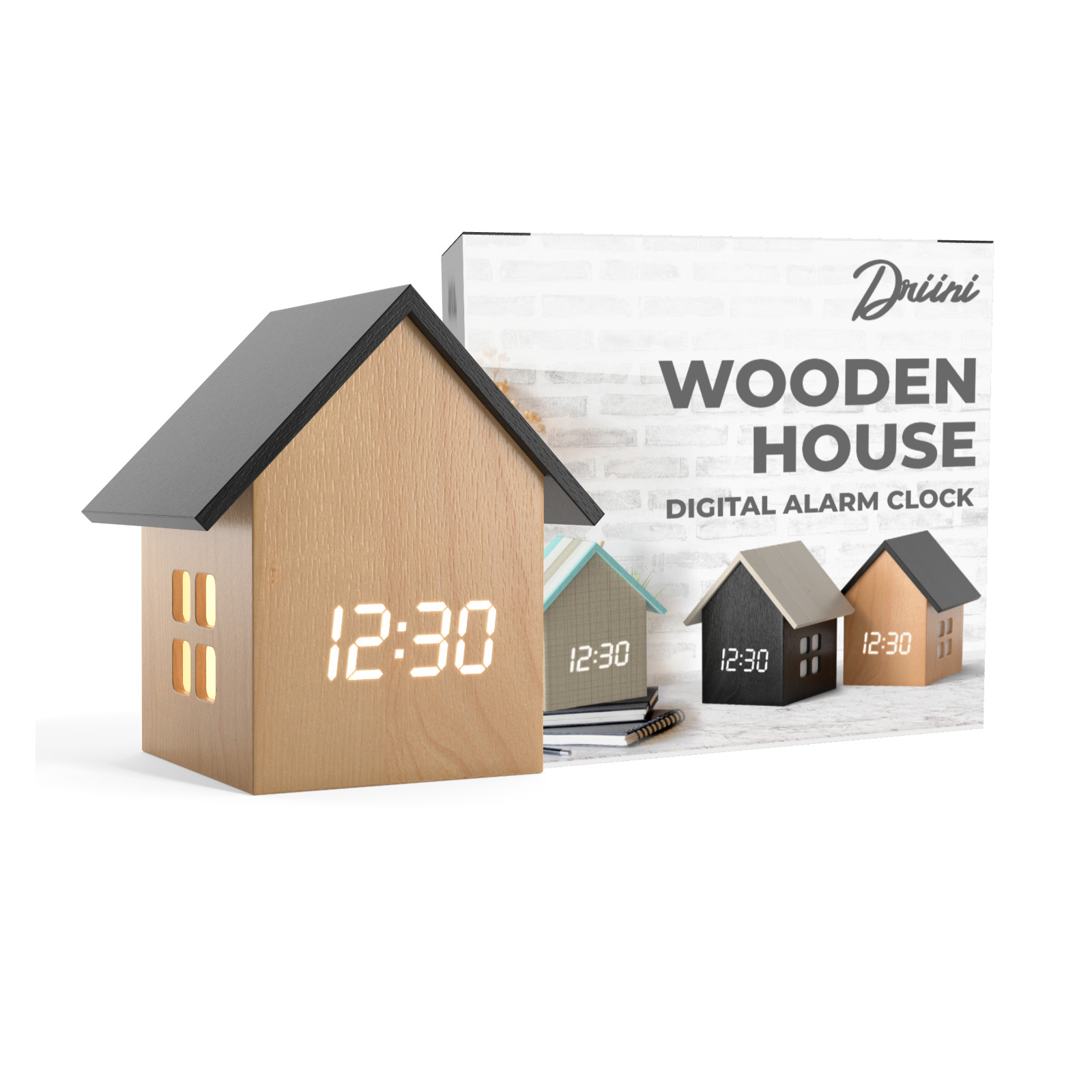Driini Digital House-Shaped Alarm Clock with Temperature Display (Light Wood)