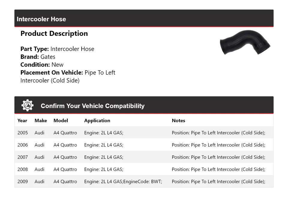 Puertas de manguera intercooler para Audi A4 Quattro 2005-2009 2006 2007 2008 Foto 2 de 3