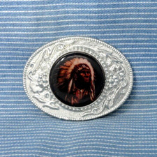 Indian Chief Belt Buckle Native American Headdress Scroll Vtg 80s 90s  .GTA654