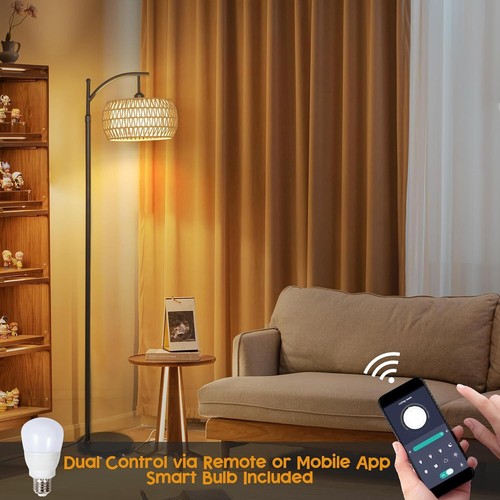 Smart Floor Lamp with Rattan Shade, 165-185cm Adjustable Height, Remote & App - Picture 5 of 9