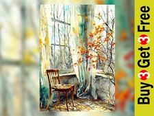 Sunlit Window with Autumn Tree  5"x7" Print on Matte Paper | Rustic Interior Art