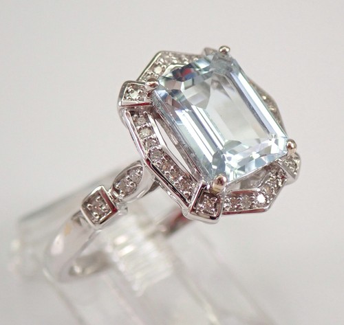 14K White Gold Diamond and Emerald Cut Aquamarine Halo Engagement Ring Size 7 - Picture 2 of 7