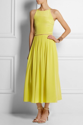 PREEN BY THORNTON BREGAZZI Pansy yellow crepe midi dress sz S 100% Silk - Picture 2 of 9