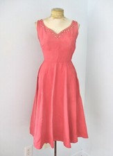 Vtg 50s rockabilly coral pink ribbed taffeta swing dress rhinestone trim Jr S
