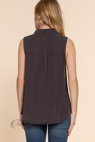 Active USA Charcoal Grey Sleeveless With Pocket Tencel Button Down Shirt NEW - Picture 4 of 5