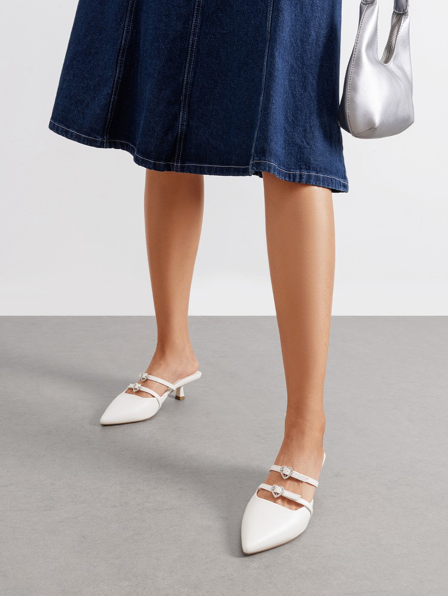 Women's Stylish Pointed Toe Mules with Kitten Heel with Rhinestone Buckle  Straps