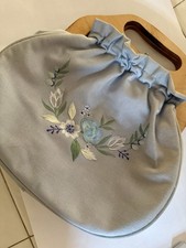 Blue Embroidered Floral Oval Top Handle Bag w/ Wood Handle, Strap, Lined