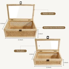 Handwoven Rattan Decorative Boxes with Glass Lids, Set of 2 Boho Rectangular
