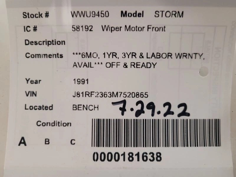 Motor limpiaparabrisas compatible con 90-93 STORM 1597607 Foto 3 de 3