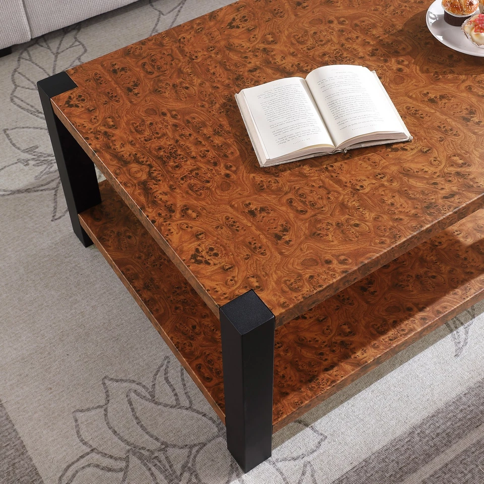 23.6" Square Burl Wood Metal Top Matte Black Double Layer End Table - Image 3 of 4