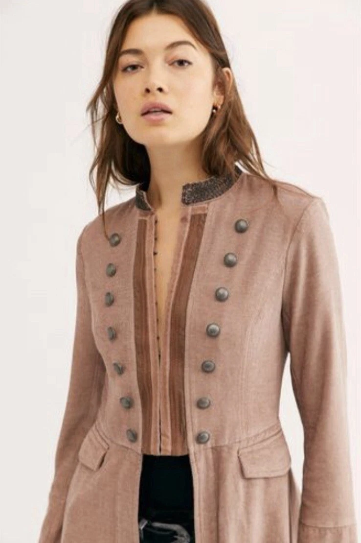 Free People Coat Jacket Lucy Military Beaded Raw Hem Brown Collar Fancy S NEW