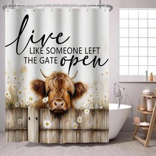 Highland Cow Shower Curtain Inspirational Quotes Daisy Flower Farmhouse Fence...